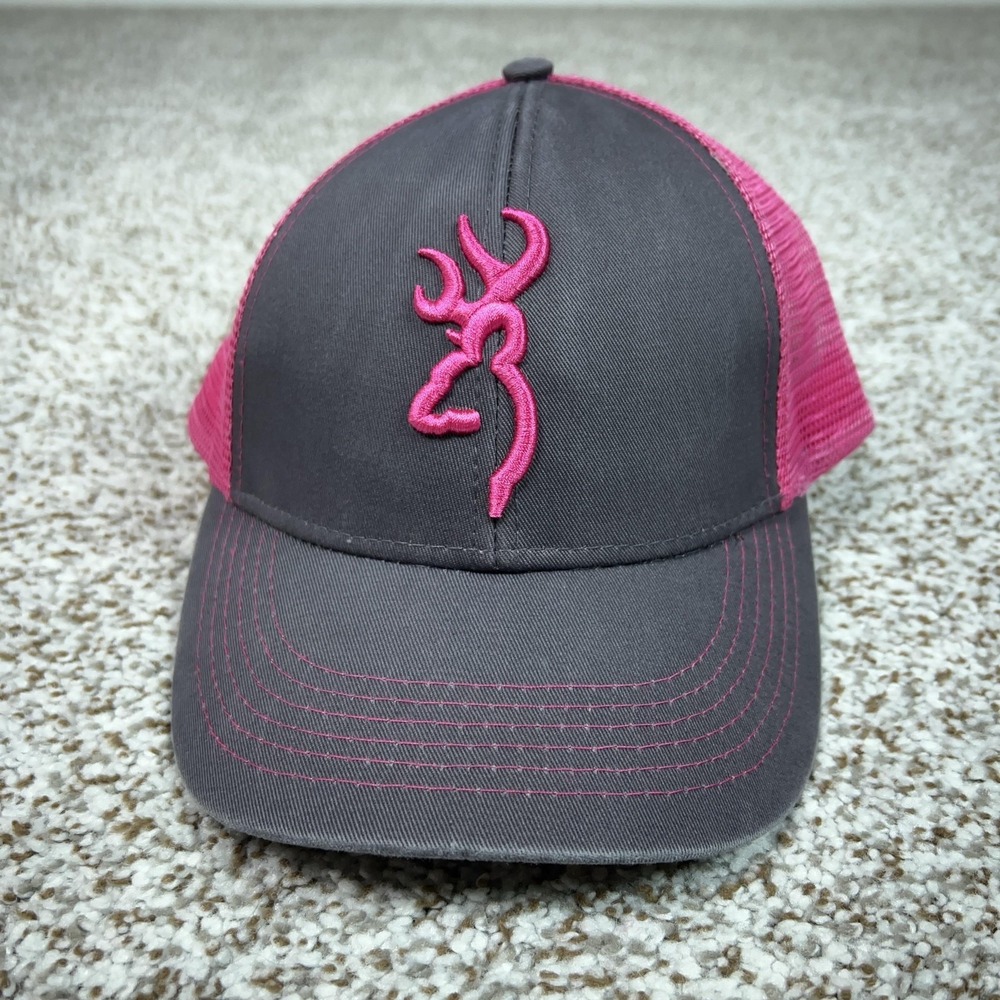 Browning Hat Cap Snap Back Mens One Size Pink Gray Trucker Mesh Hunting Outdoor